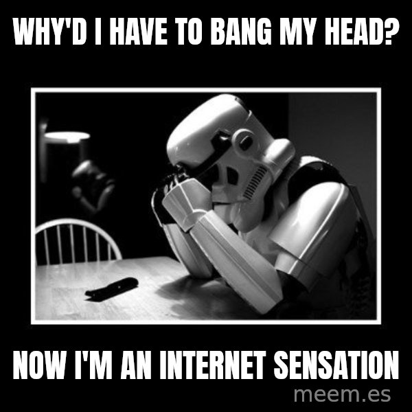 Sad Trooper meme: Why'd I have to bang my head? / now i'm an internet sensation