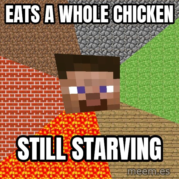 Minecraft Guy meme: Eats a whole chicken / still starving