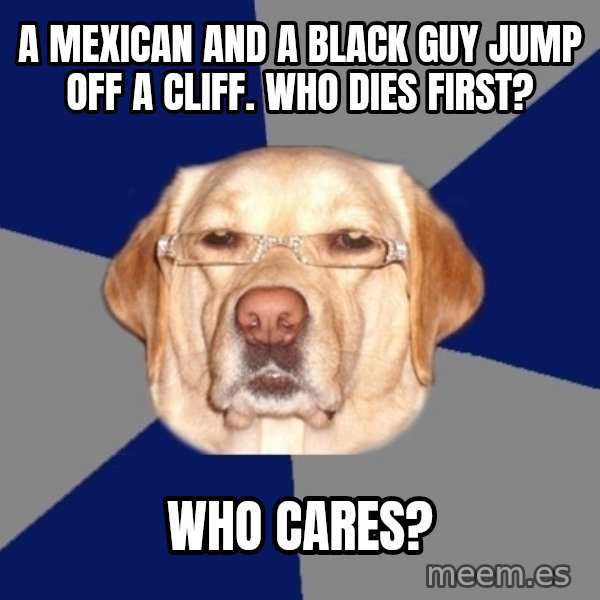 Racist Dog meme: A mexican and a black guy jump off a cliff. who dies first? / who cares?