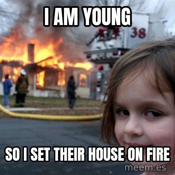 Disaster Girl meme: I am young / so i set their house on fire
