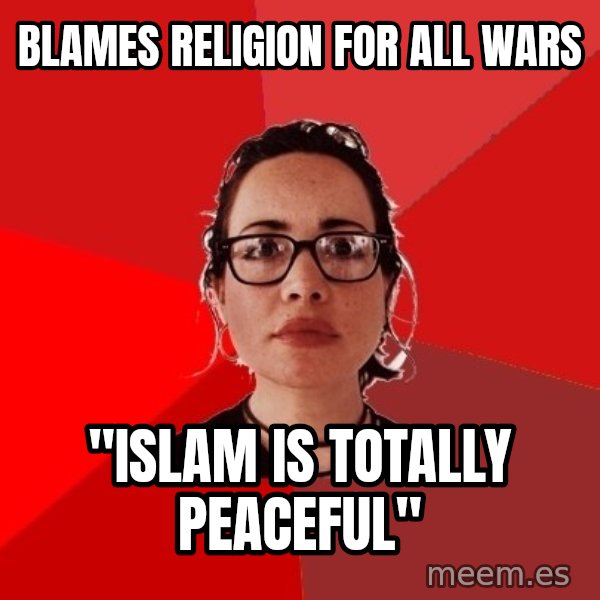 Liberal Douche Garofalo meme: Blames religion for all wars / "islam is totally peaceful"