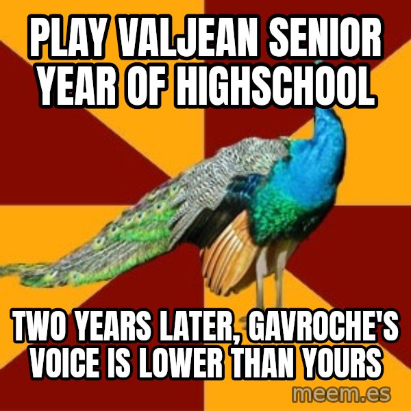 Thespian Peacock meme: Play Valjean Senior year of highschool / Two years later, gavroche's voice is lower than yours