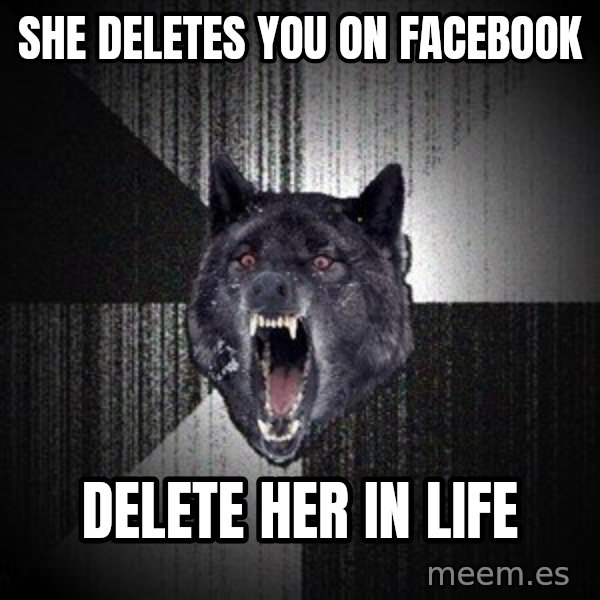 Insanity Wolf meme: she deletes you on facebook / delete her in life