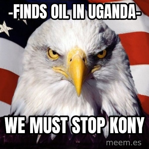 American Pride Eagle meme: -finds oil in uganda- / we must stop kony