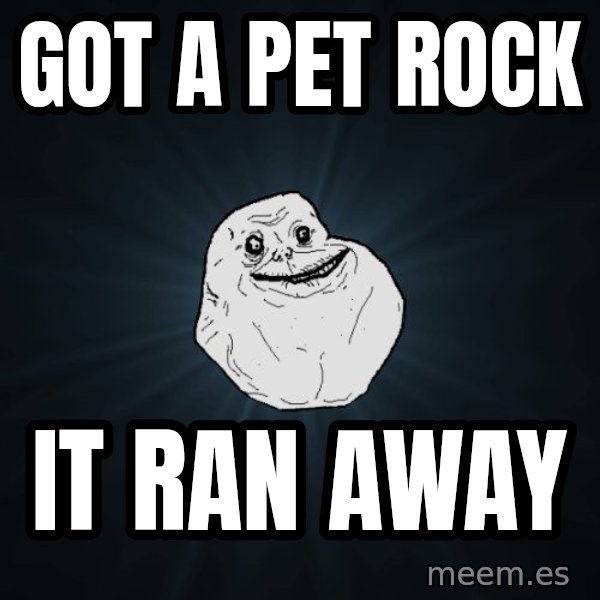 Forever Alone meme: got a pet rock / it ran away