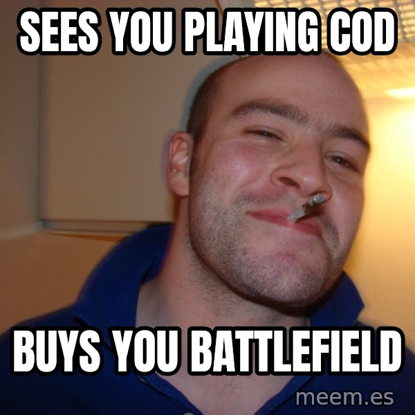 Good Guy Greg meme: Sees You playing COD / Buys you battlefield