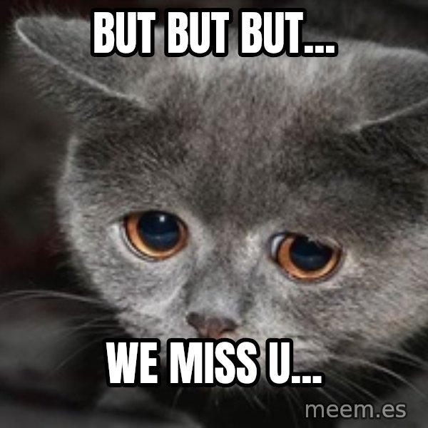 Sadcat meme: BUT but but... / we miss u...