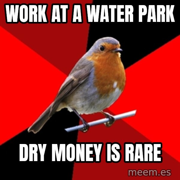 Retail Robin meme: Work at a water park / Dry money is rare