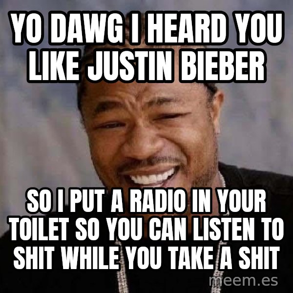 Yo Dawg meme: Yo dawg i heard you like justin bieber / so i put a radio in your toilet so you can listen to shit while you take a shit