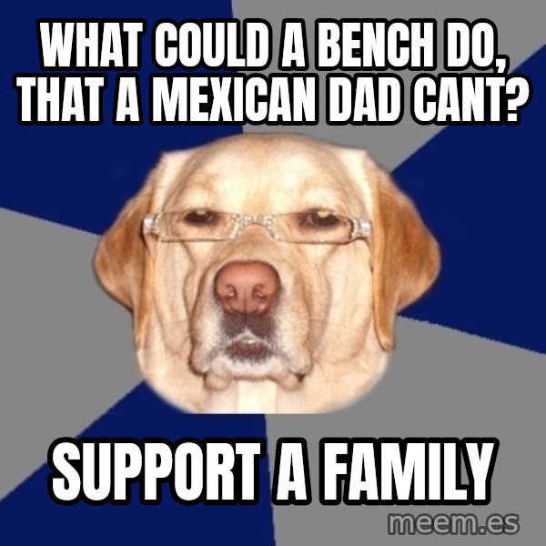 Racist Dog meme: What could  a bench do, that a mexican dad cant? / Support a family