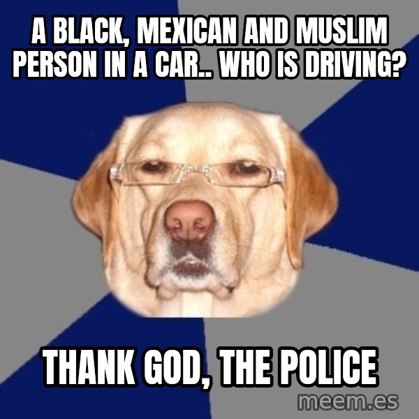 Racist Dog meme: a black, mexican and muslim person in a car.. who is driving? / Thank god, the police