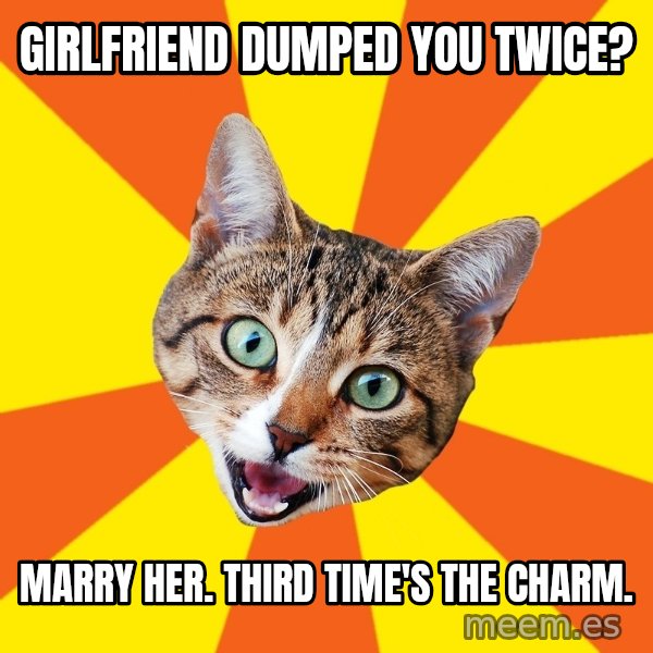 Bad Advice Cat meme: Girlfriend dumped you twice? / marry her. third time's the charm.