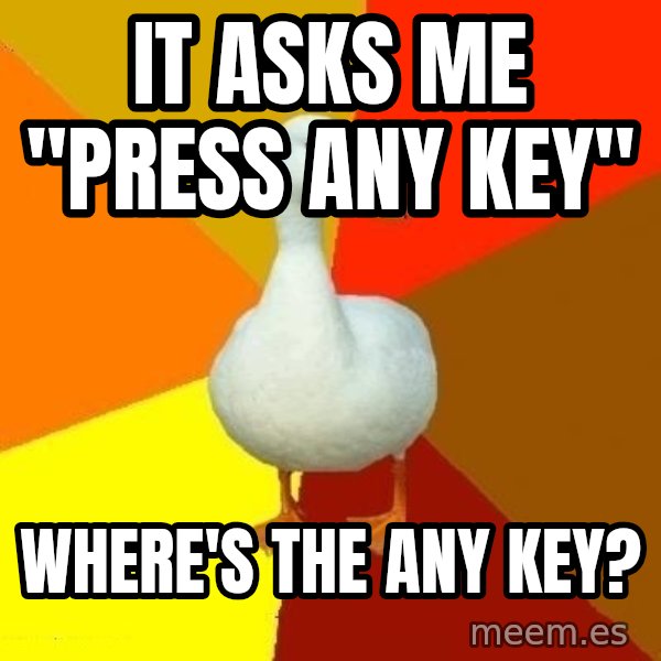 Technologically Impaired Duck meme: it asks me "press any key" / where's the any key?