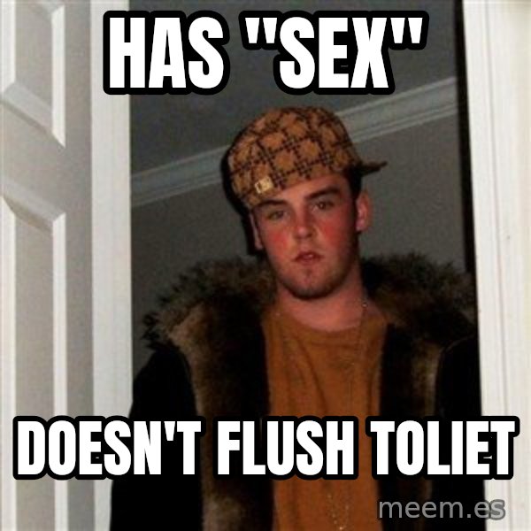 Scumbag Steve meme: has "sex" / doesn't flush toliet