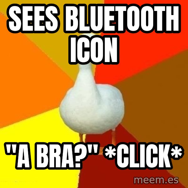 Technologically Impaired Duck meme: sees bluetooth icon / "A bra?" *click*
