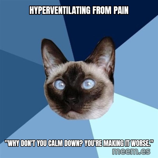 Chronic Illness Cat meme: Hyperventilating from pain / "Why don't you calm down? you're making it worse."