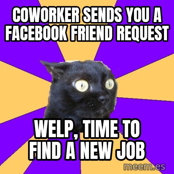 Anxiety Cat meme: Coworker sends you a facebook friend request / welp, time to find a new job
