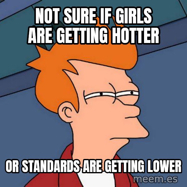 Futurama Fry meme: Not sure if girls are getting hotter / or standards are getting lower