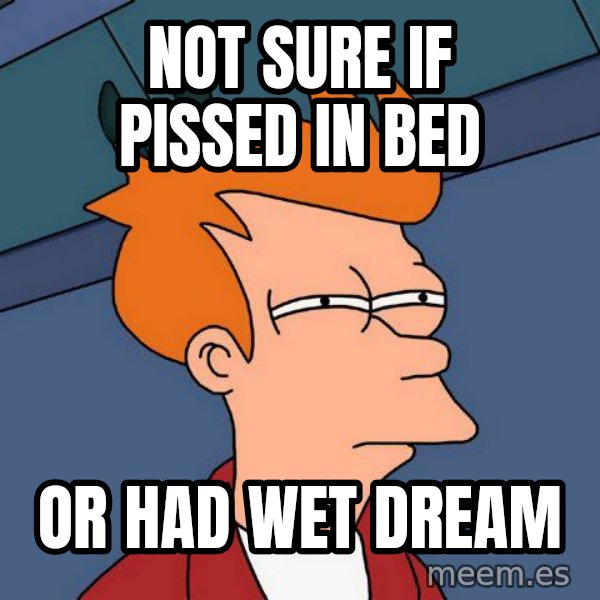 Futurama Fry meme: not sure if pissed in bed / or had wet dream