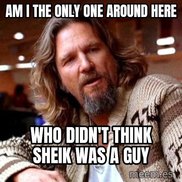 Big Lebowski meme: AM I THE ONLY ONE AROUND HERE / WHO DIDN'T THINK SHEIK WAS A GUY