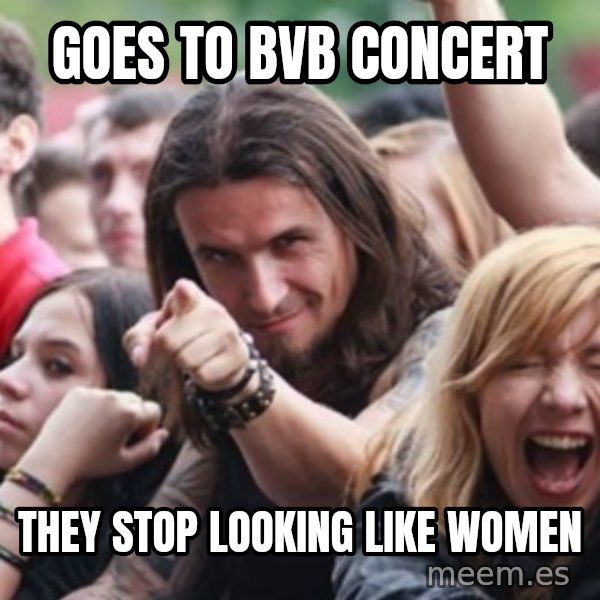 Ridiculously Photogenic Metalhead meme: Goes to bvb concert / they stop looking like women