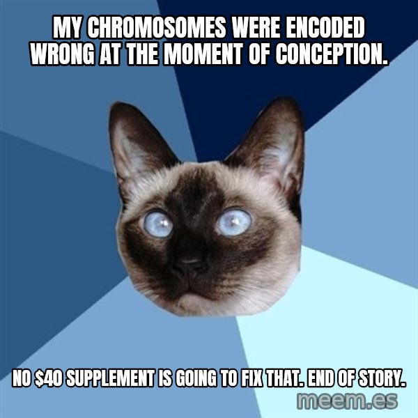 Chronic Illness Cat meme: My chromosomes were encoded wrong at the moment of conception. / No $40 supplement is going to fix that. End of Story.