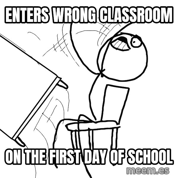 Desk Flip Rage Guy meme: Enters wrong classroom / On the first day of school