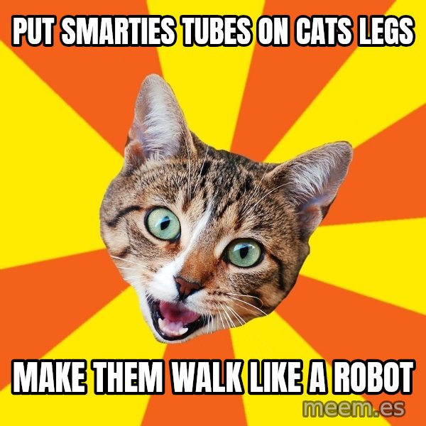 Bad Advice Cat meme: Put smarties tubes on cats legs / make them walk like a robot