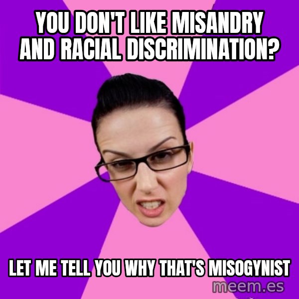 Privilege Denying Feminist meme: You don't like misandry and RACIAL DISCRIMINATION? / LET ME TELL YOU WHY THAT'S MISOGYNIST