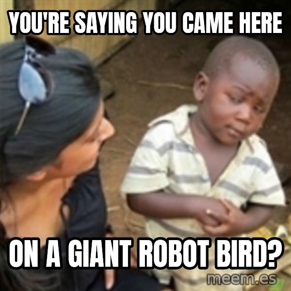 Skeptical african kid  meme: you're saying you came here / on a giant robot bird?