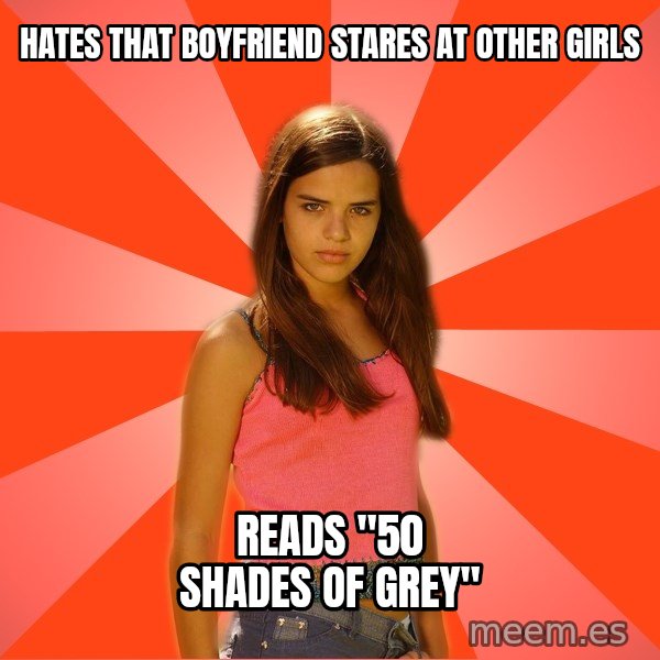 Jealous Girl meme: hates that boyfriend stares at other girls / reads "50 shades of grey"