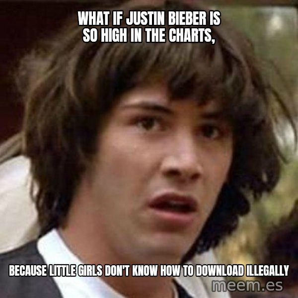 Conspiracy Keanu meme: What if justin bieber is so high in the charts, / because little girls don't know how to download illegally