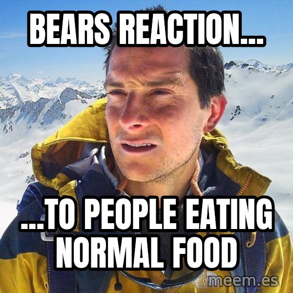 Bear Grylls Loneliness meme: Bears Reaction... / ...To people eating normal food
