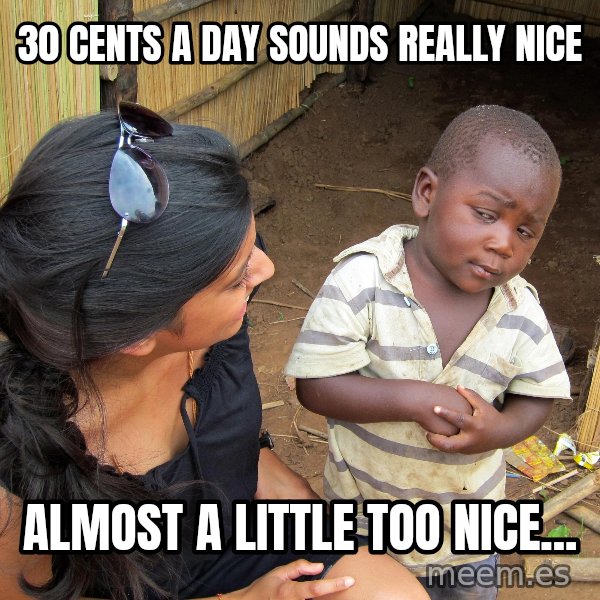 Skeptical African Child meme: 30 cents a day sounds really nice / almost a little too nice...