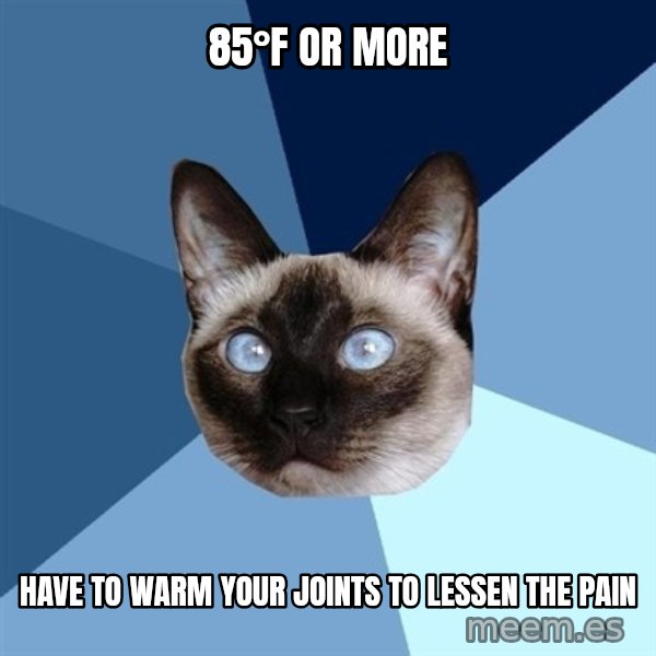 Chronic Illness Cat meme: 85°F or more / have to warm your joints to lessen the pain