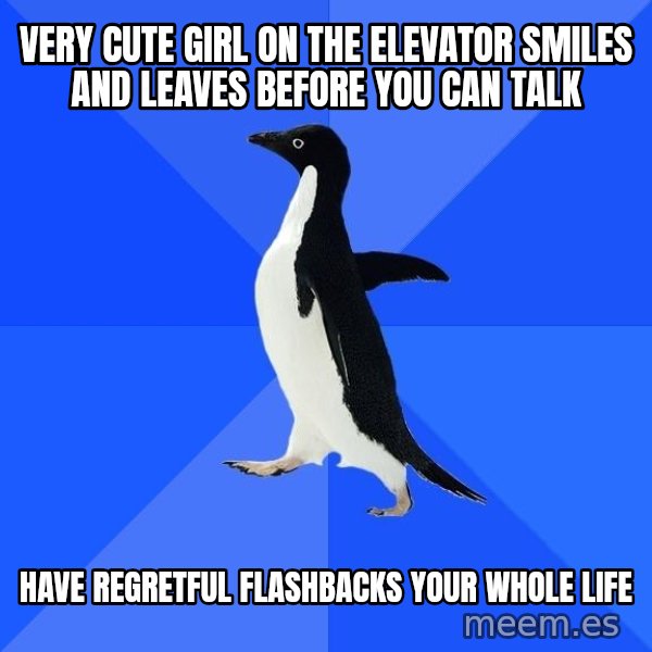 Socially Awkward Penguin meme: very cute girl on the elevator smiles and leaves before you can talk / have regretful flashbacks your whole life