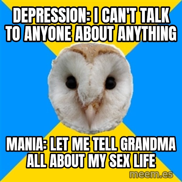 Bipolar Owl meme: Depression: I can't talk to anyone about anything / Mania: Let me tell grandma all about my sex life