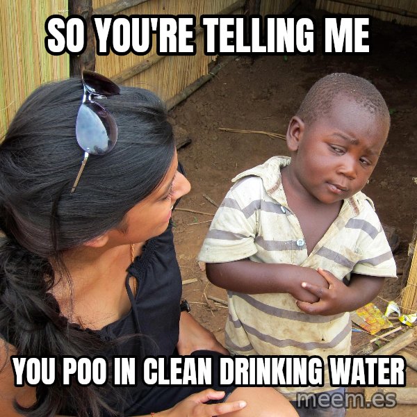 Skeptical African Child meme: So you're telling me / you poo in clean drinking water