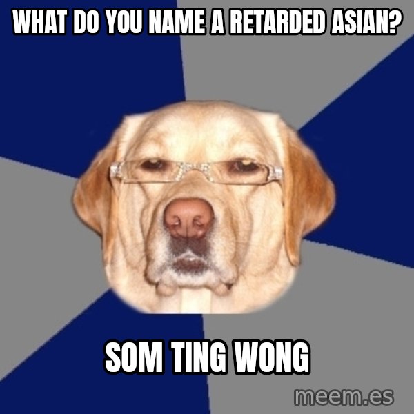Racist Dawg meme: What do you name a retarded Asian? / Som Ting Wong