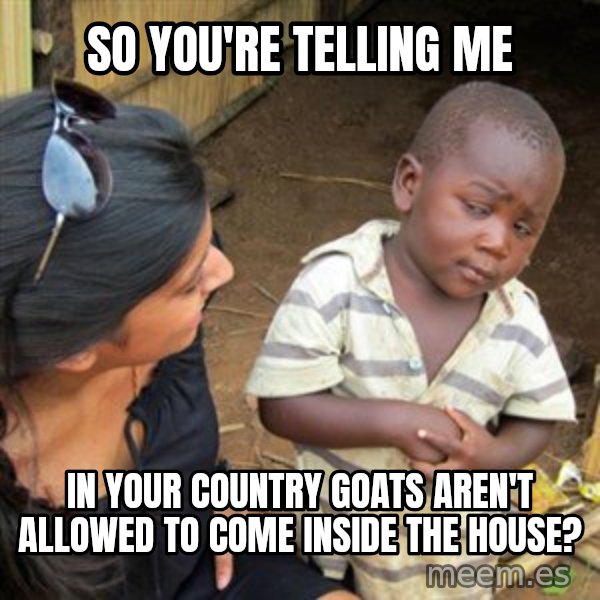 Skeptical 3rd World Kid meme: so you're telling me / in your country goats aren't allowed to come inside the house?