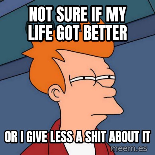 Futurama Fry meme: Not sure if my life got better / or i give less a shit about it