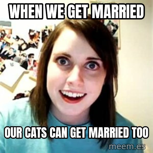 Overly Attached Girlfriend meme: when we get married / our cats can get married too