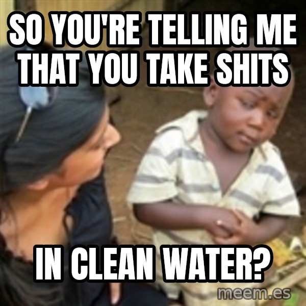 Skeptical 3rd World Kid meme: so you're telling me that you take shits / in clean water?