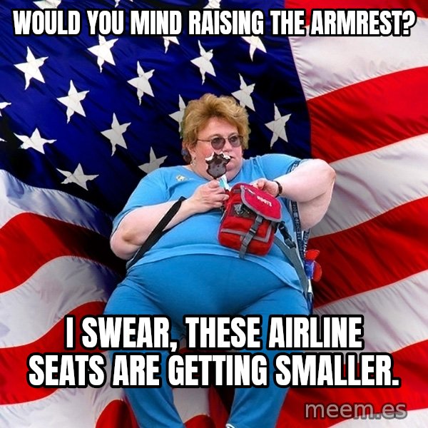 Obese American meme: would you mind raising the armrest? / I swear, these airline seats are getting smaller.