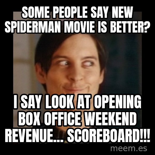 Tobey_Maguire meme: Some people say new Spiderman Movie is better? / I say look at opening box office weekend revenue... Scoreboard!!!
