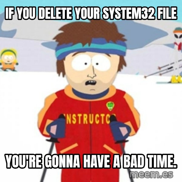 Bad time ski instructor 1 meme: If you delete your system32 file / you're gonna have a bad time.