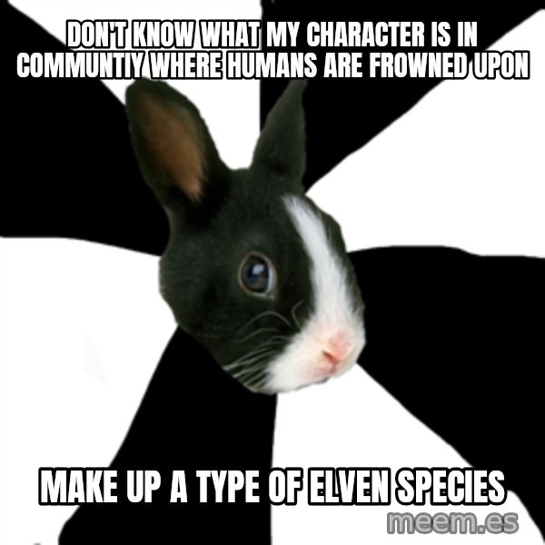 Roleplaying Rabbit meme: DON'T KNOW WHAT MY CHARACTER IS IN COMMUNTIY WHERE HUMANS ARE FROWNED UPON / MAKE UP A TYPE OF ELven species