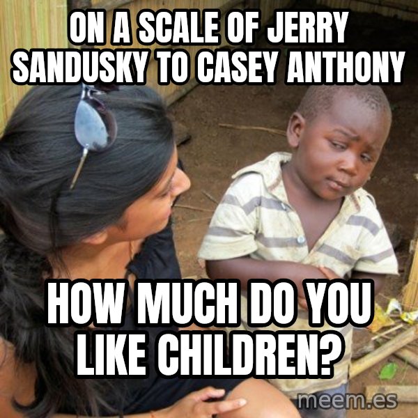 Skeptical 3rd World Kid meme: On a scale of Jerry Sandusky to Casey Anthony / How much do you like children?