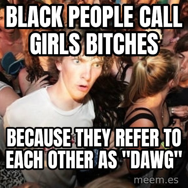 Sudden Realization Ralph meme: black people call girls bitches / because they refer to each other as "dawg"