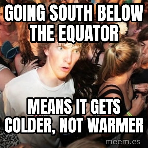 Sudden Realization Ralph meme: Going south below the Equator / Means it gets colder, not warmer